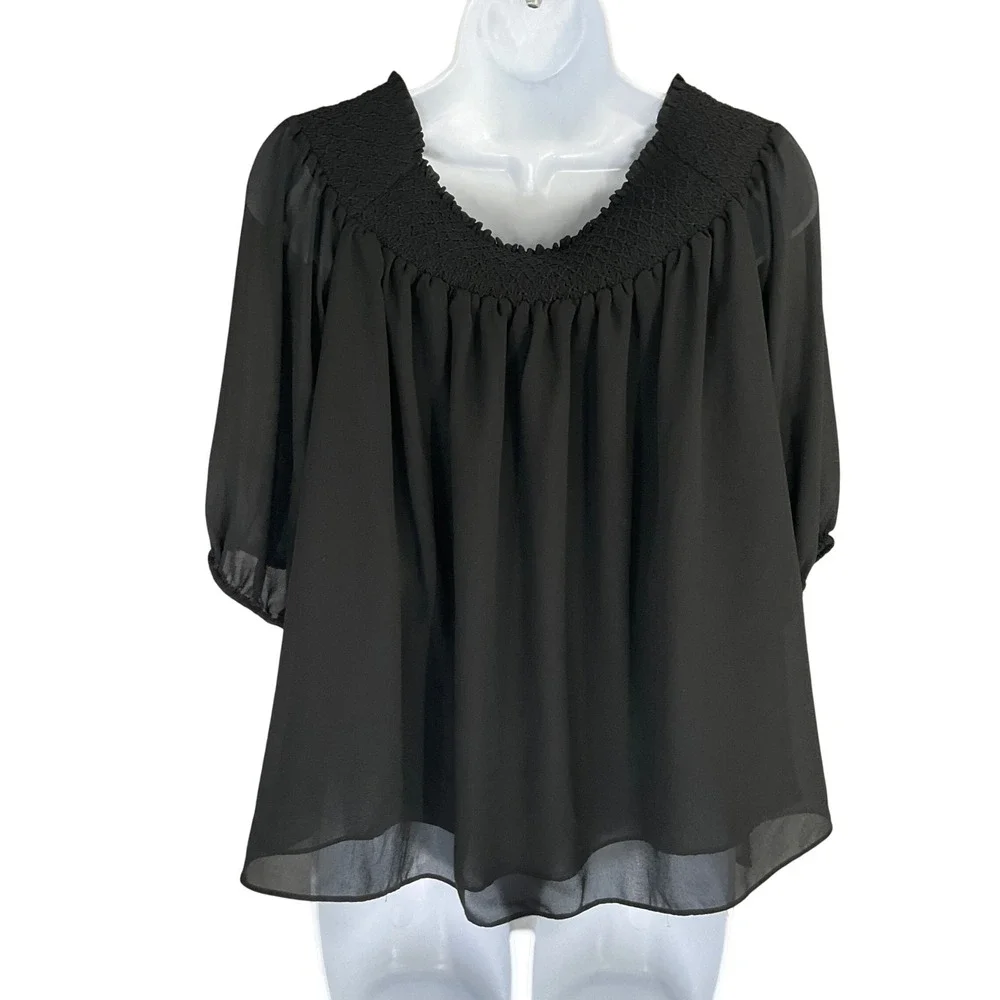 LOFT Top‎ Womens Sz M Black Smocked Neck 3/4 Sleeve Sheer Blouse Romantic Flowy